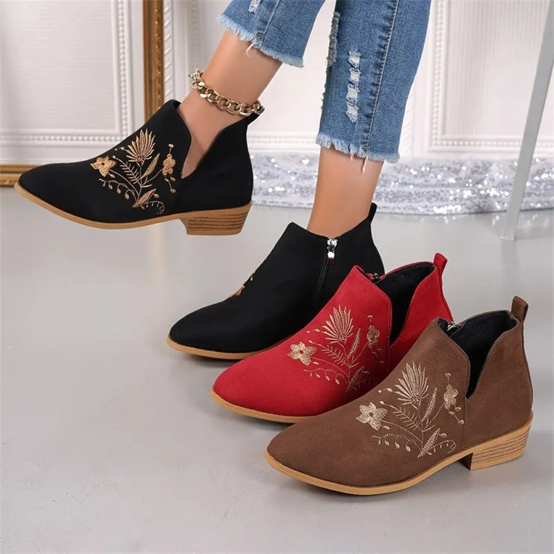 free Shipping Designer Shoes Autumn New Large Embroidered Martin Women's Coarse Heel Side Zipper Short Boots Size 36-43_voghion.com