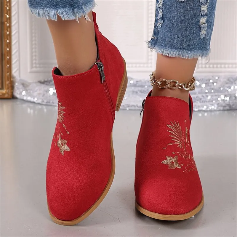 free Shipping Designer Shoes Autumn New Large Embroidered Martin Women's Coarse Heel Side Zipper Short Boots Size 36-43_voghion.com