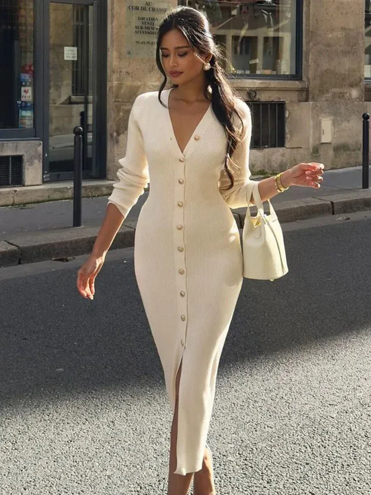 Trendix Elegant V-Neck Long Sleeve Knit Dress with Front Button & Side Slit   Floor-Length Evening Dress for Autumn & Winter