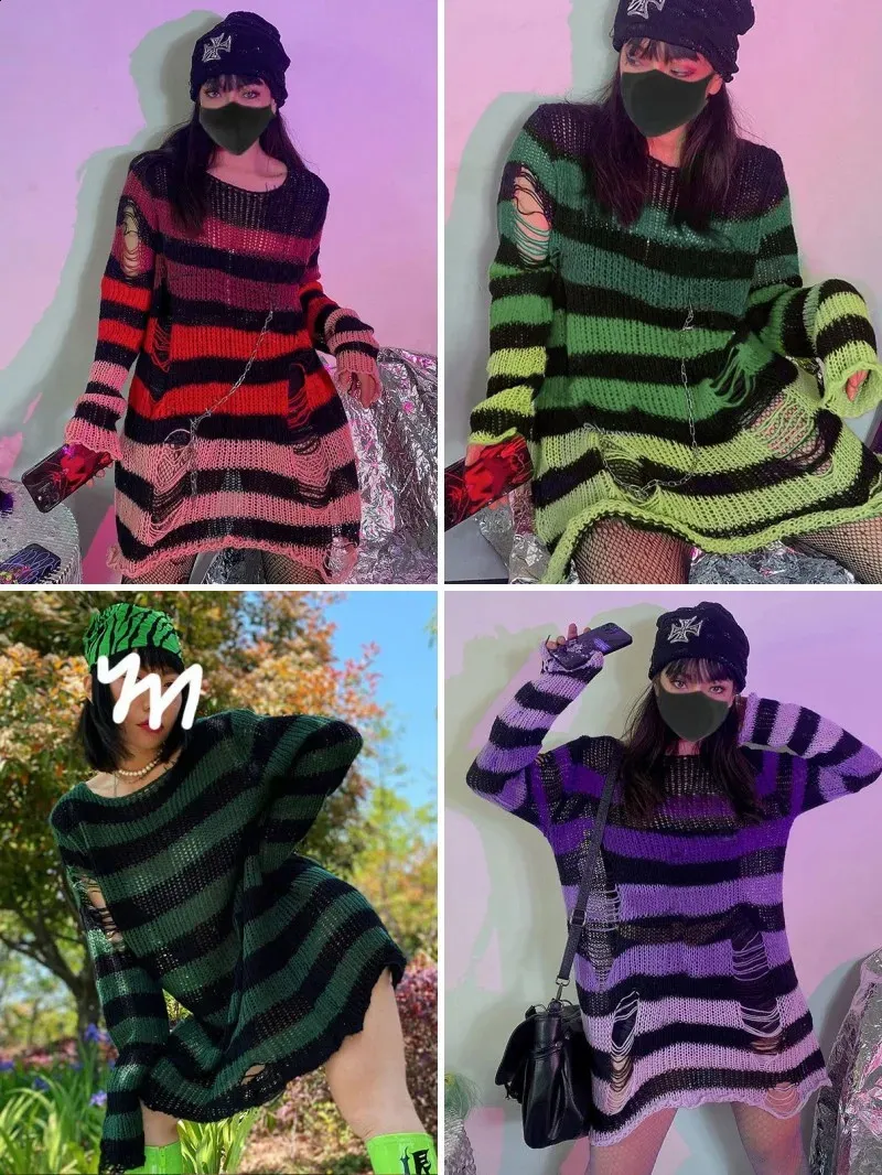 Purple Striped Gothic Sweater for Women, Ripped Hole Loose Knitted ...