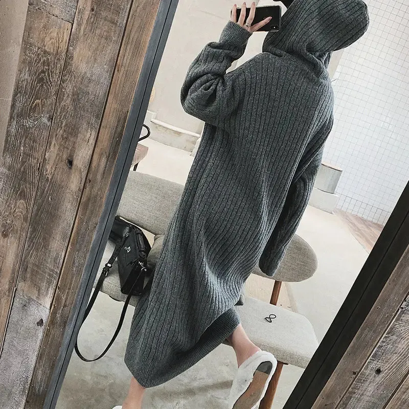 loose sweater dress with hood Shop Hooded Dresses in Bold Colors for Casual Comfort F A B R I C Over-knee Hooded Sweater Dress for