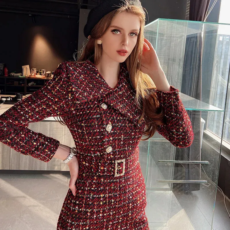 Elegant Retro Tweed Asymmetric Large Lapel Slimming Dress, Womens
