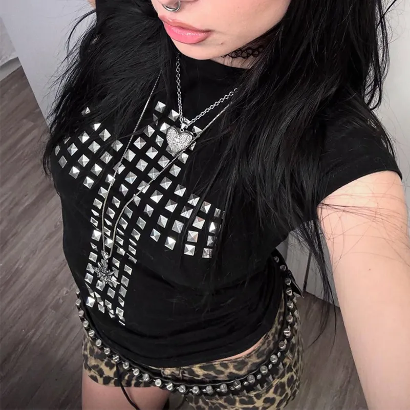 Chic Gothic Punk Rock Hip Hop Women's Short Sleeve sequin t shirt with Metallic Decor - Slim Fit, Casual and Sexy - Y2K Emo Girl Clothes