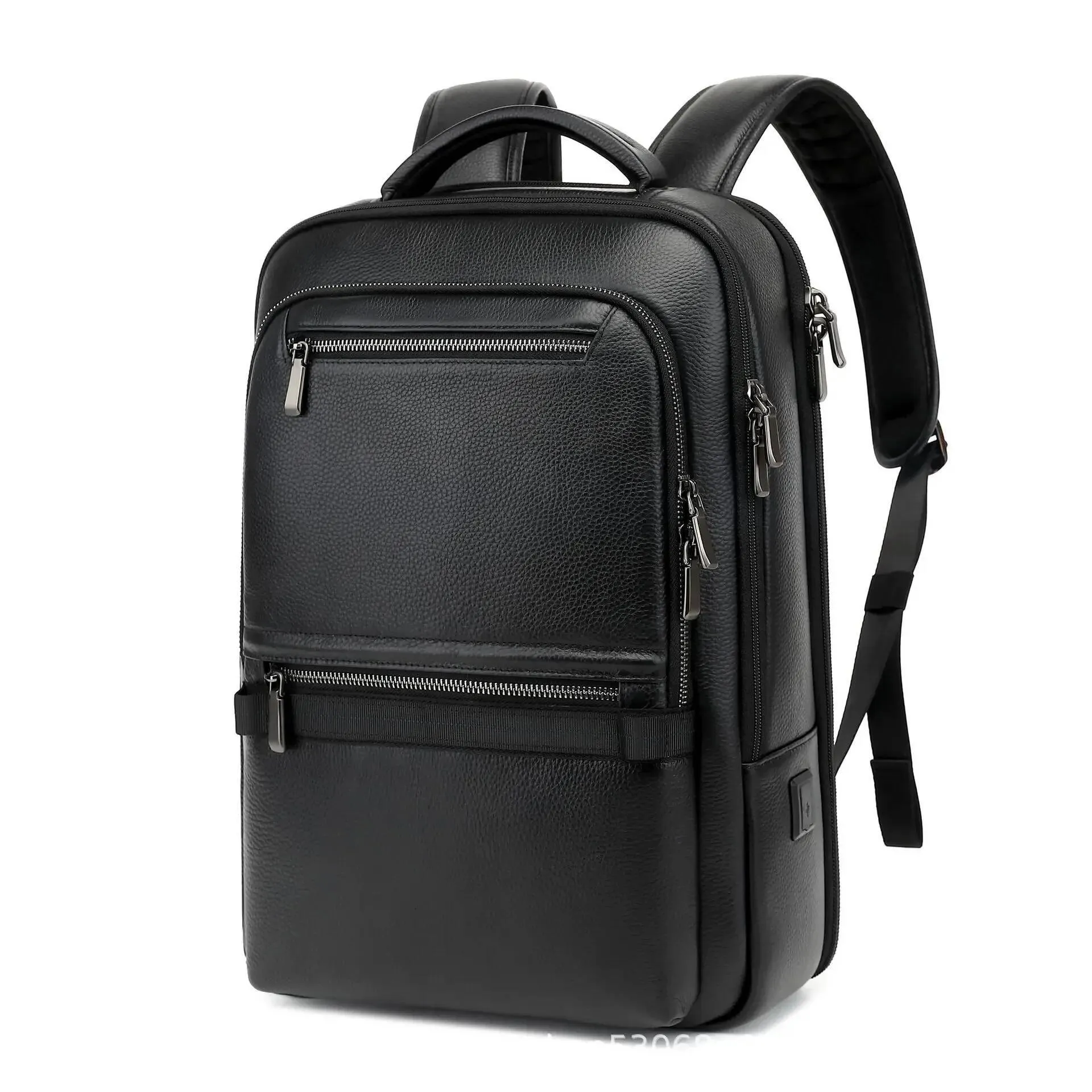 Genuine Leather Men Backpack 15.6 Inch Laptop Bag Casual Soft Zipper  Closure 20-35L Capacity