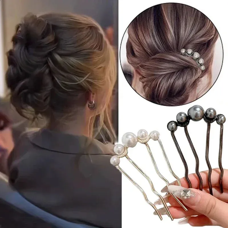 Korean U Shaped Pearl Hairpins Hair Clips hair accessories Pearl Elegant U Shaped Pearl Hair Pins: Korean Style Metal Hair  main image 4