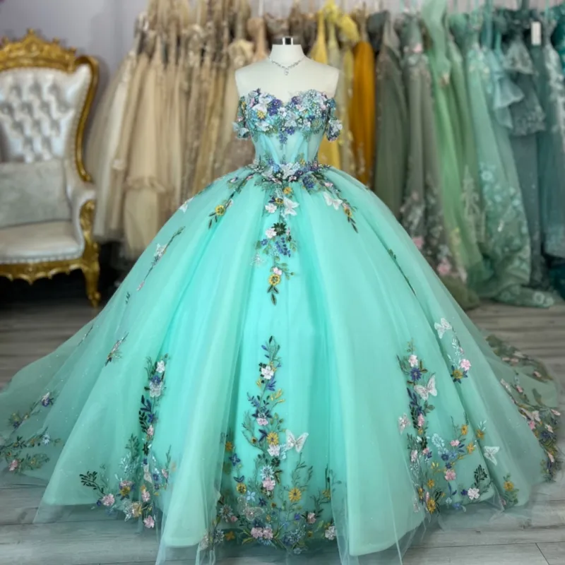 mint green sweet 15 dresses 3D Flower Sage Green Quince Dresses Off Shoulder Sweet 15 Birthday Party US10 / Mint Green