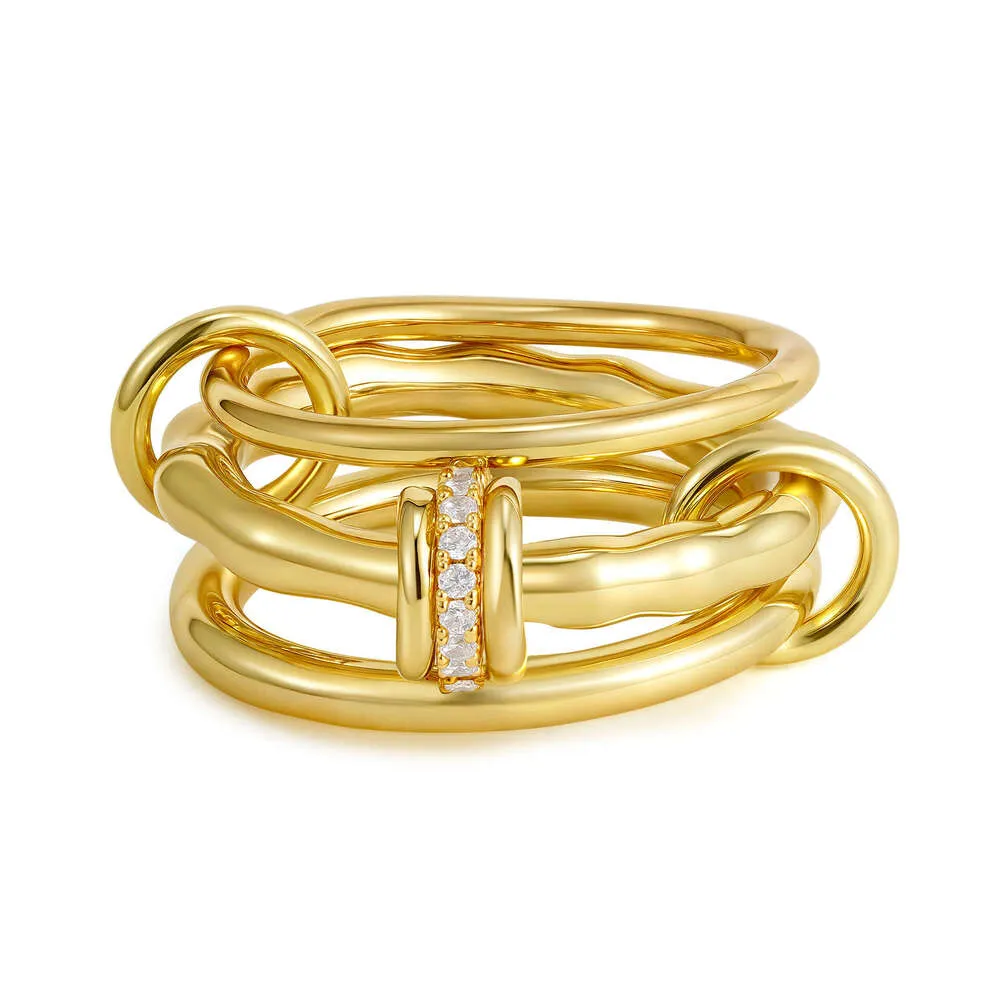 Anello gioiello alla moda in oro impilabile, leggero, lussuoso, con personalità, impilabile a tre maglie, con micro pavé di zirconi, gioiello squisito_voghion.com