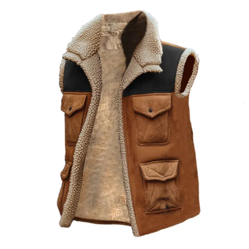 Mens Lamb Wool Vest Vintage Suede Splicing Military Tactical