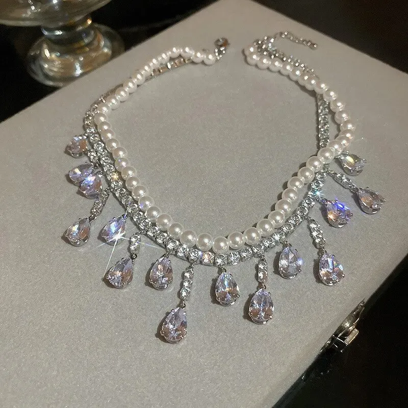 Rhinestone Crystal Choker Necklace for Women Multilayer Pearl Chain ...