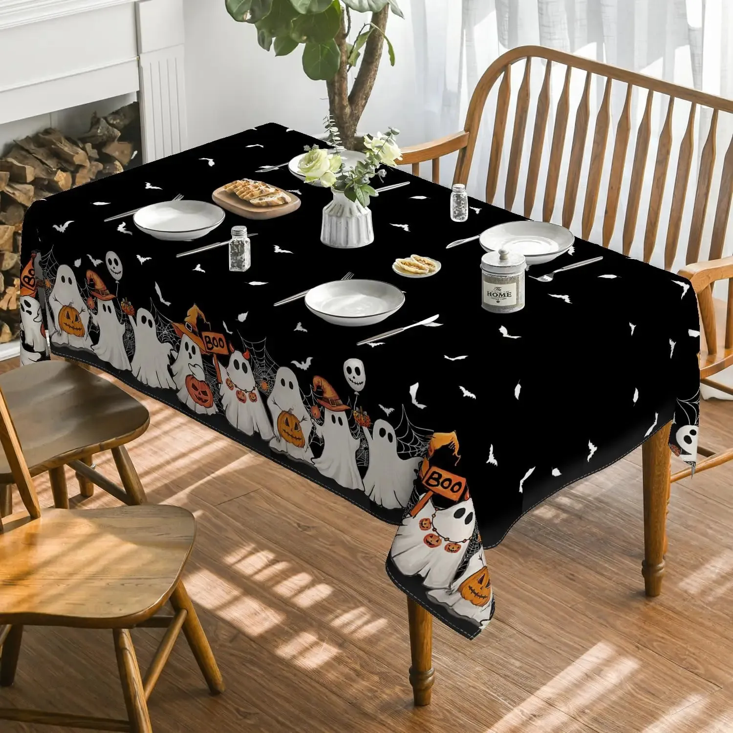 AnyDesign Halloween Tablecloth 60 X 104 Inch Pink Pumpkin Cartoon Ghost Bat Pattern Cute Table Cover Seasonal Rectangle Table Cloth For Halloween Kitchen Dining Table Picnic Decoration