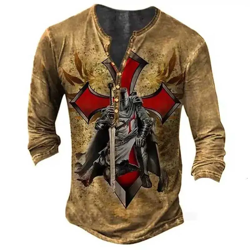 Maglietta Uomo Cavaliere Templare Vintage Stampa 3D, Camicia Henley A Maniche Corte, Top Casuale Robusto