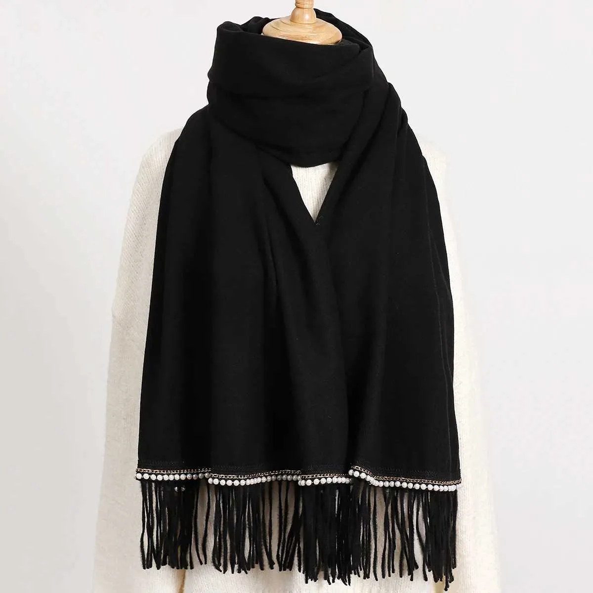 Solid Women's Winter Scarf with Pearl Edge, Warm Thick Cashmere Shawl ...