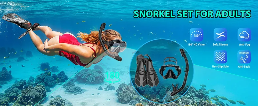 Mask Fin Snorkel Set for Adults, Panoramic View Snorkel Mask ...