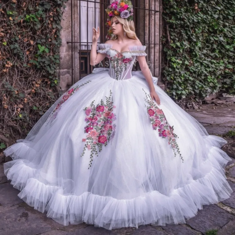 Off-Shoulder White Ball Ball gowns near me Quinceanera Dress with Applique Lace, Beads, Bow Tiered Tull, Perfect for Birthday and Sweet 16 Parties -