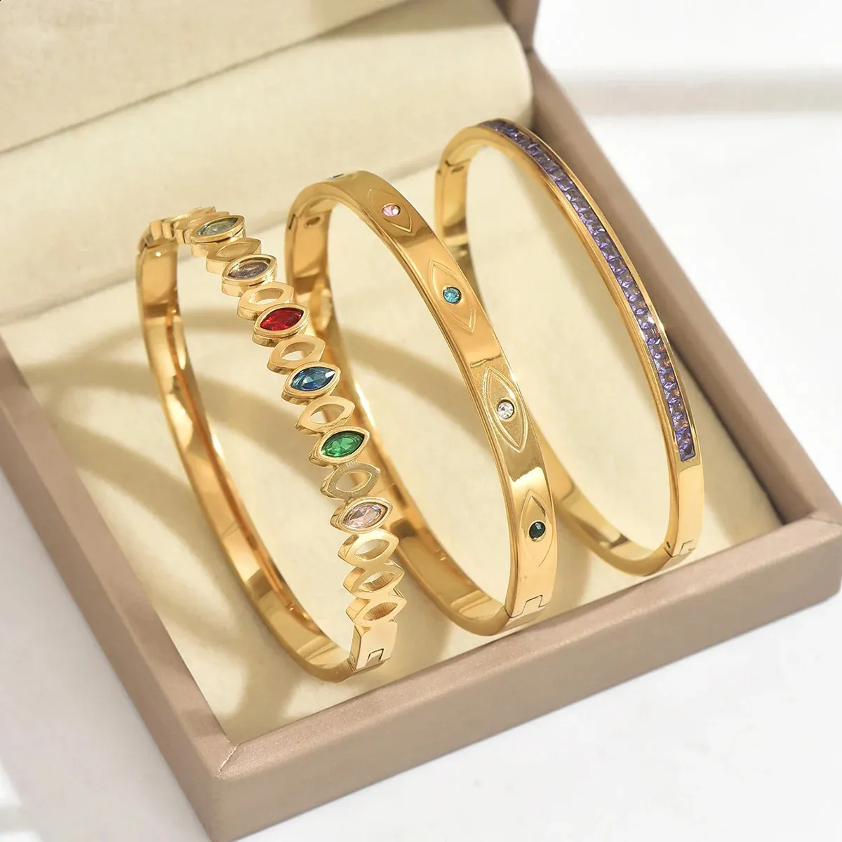 Bohemian Rhinestone Multicolour Bangle Set Multicolor Stainless Steel ...