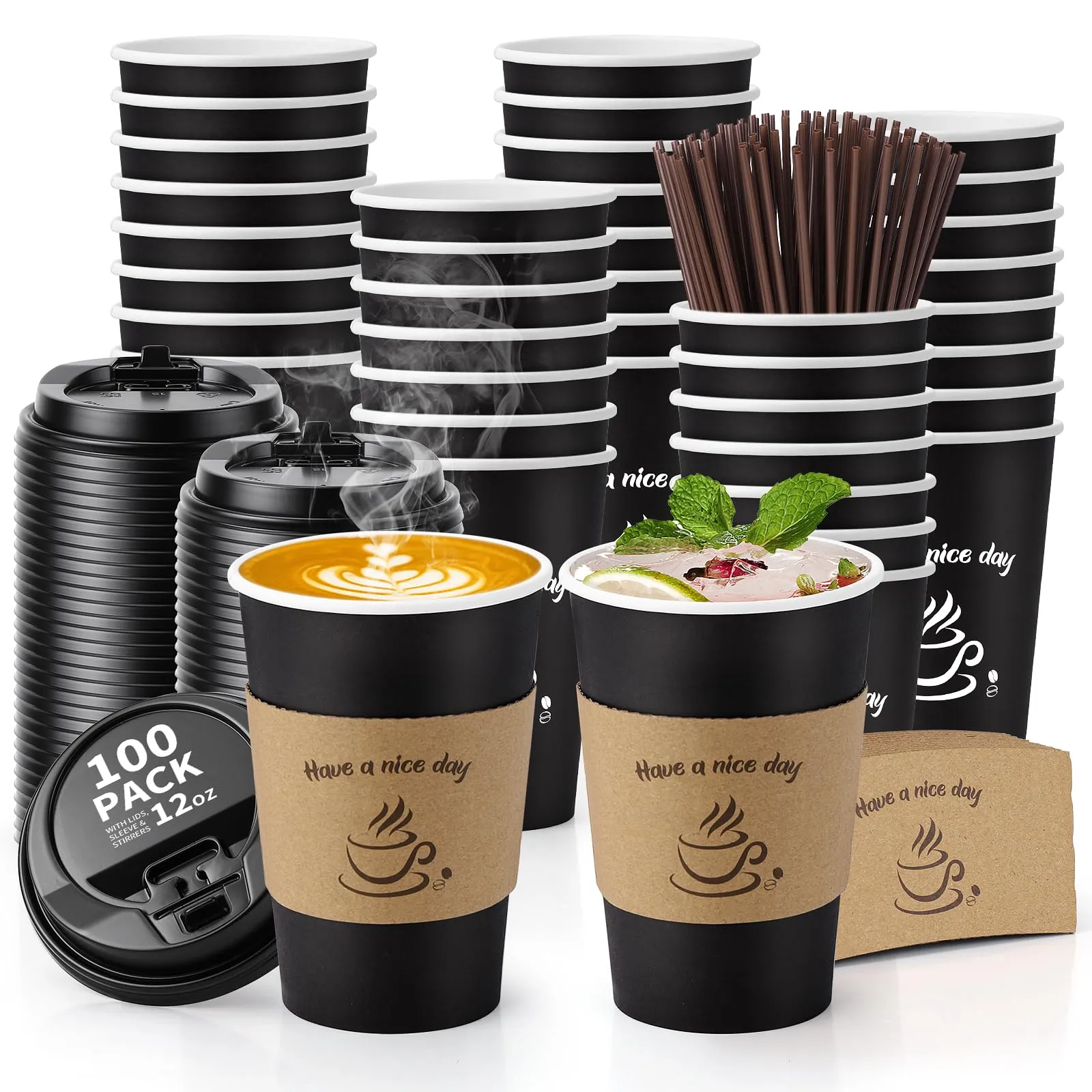 100 Pack 12 OZ Disposable Coffee Cups with Lids, Sleeves, and Stir ...