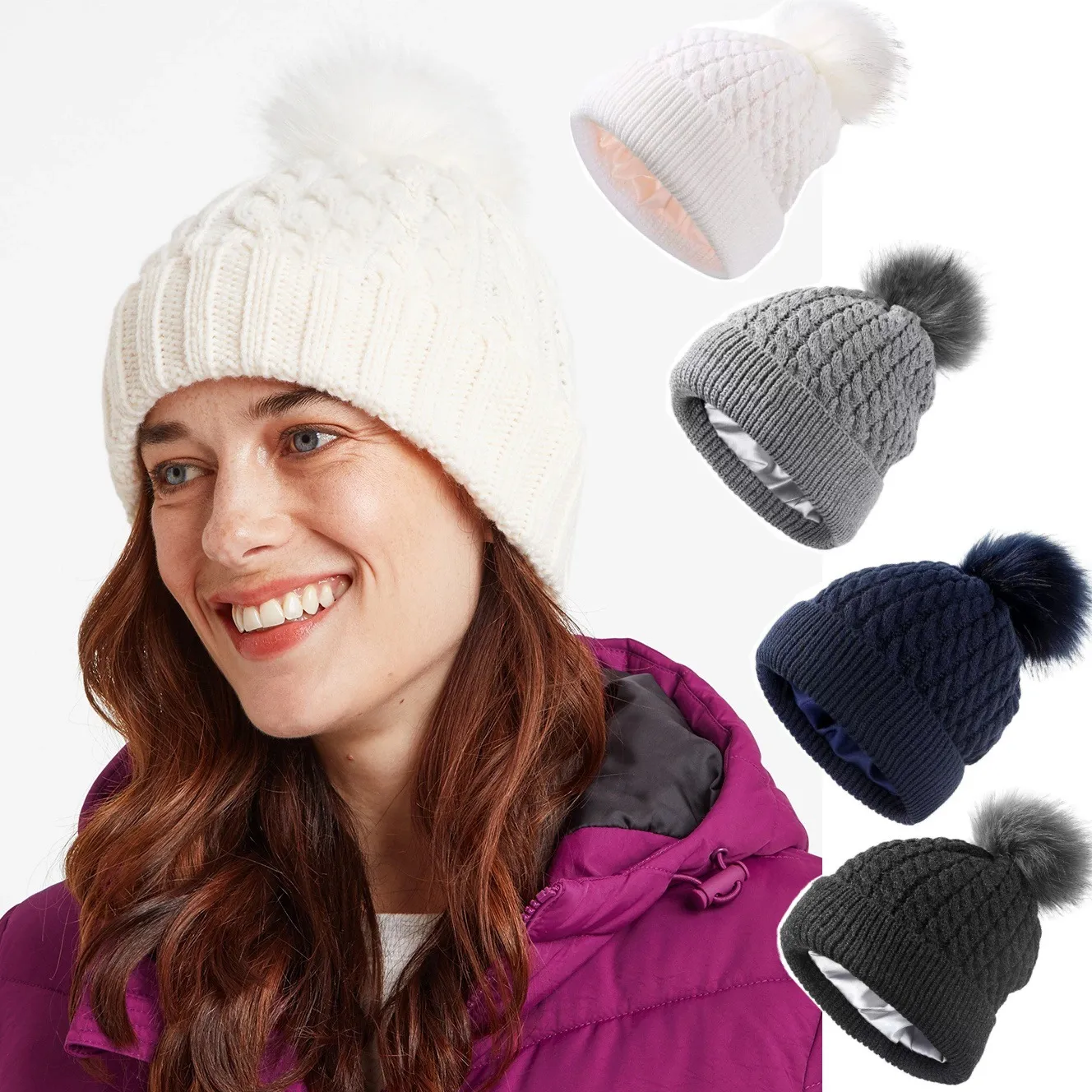 Reversible Detachable Faux Fur Pom Pom Beanie Chunky Cable  display picture 2