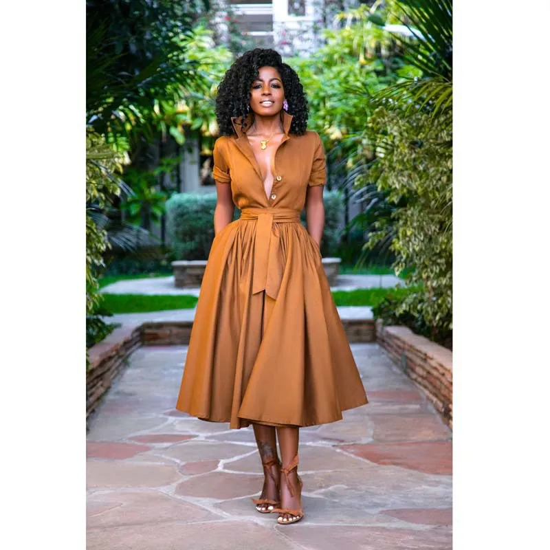 Vestido Elegante Midi: Vestido De Camisa Con Cinturón De Manga