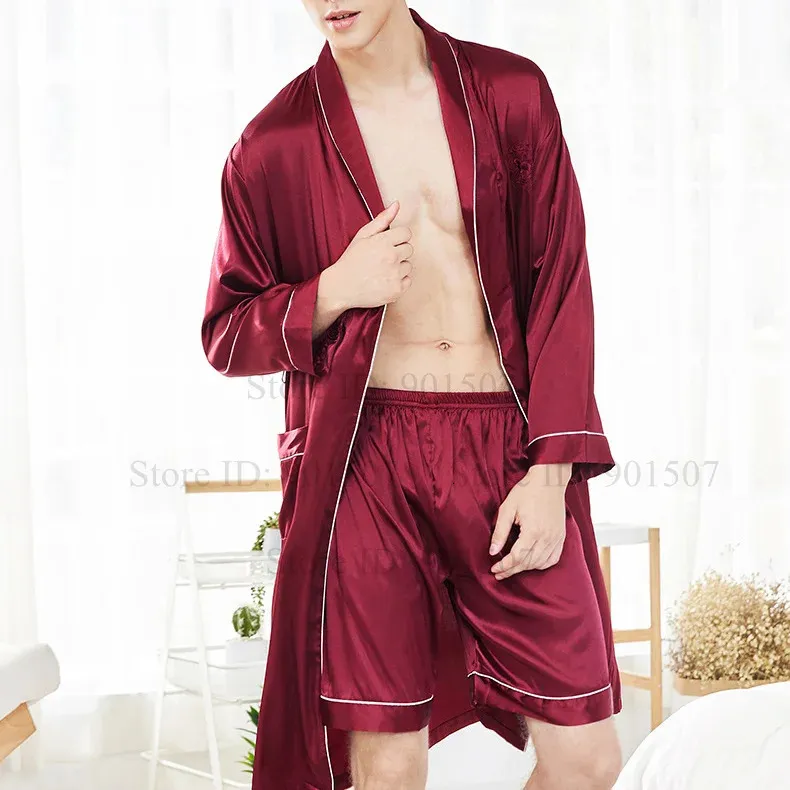 Set Slip Uomo Abito Da Notte Uomo In Raso Con Pantaloncini - Kimono Pigiama Leggero, Maniche Corte Camicia Da Notte Uomo In Raso