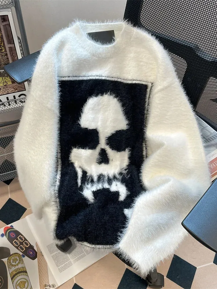 トップス Rare 00s Archive Roen Mohair Skull Knit Vintage Skull Crochet Acrylic Loose Knit Sweater Men Autumn Winter