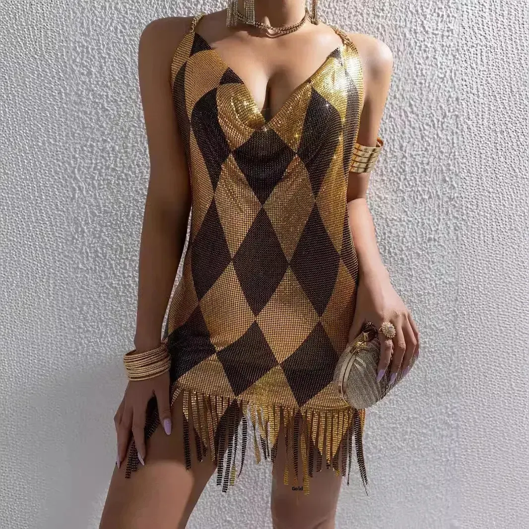 Metal Splice Backless Mini Sequin Skirt Dress - Sexy V-Neck Sleeveless Fashion for Women - Cross-border Summer Arrival (L22593)
