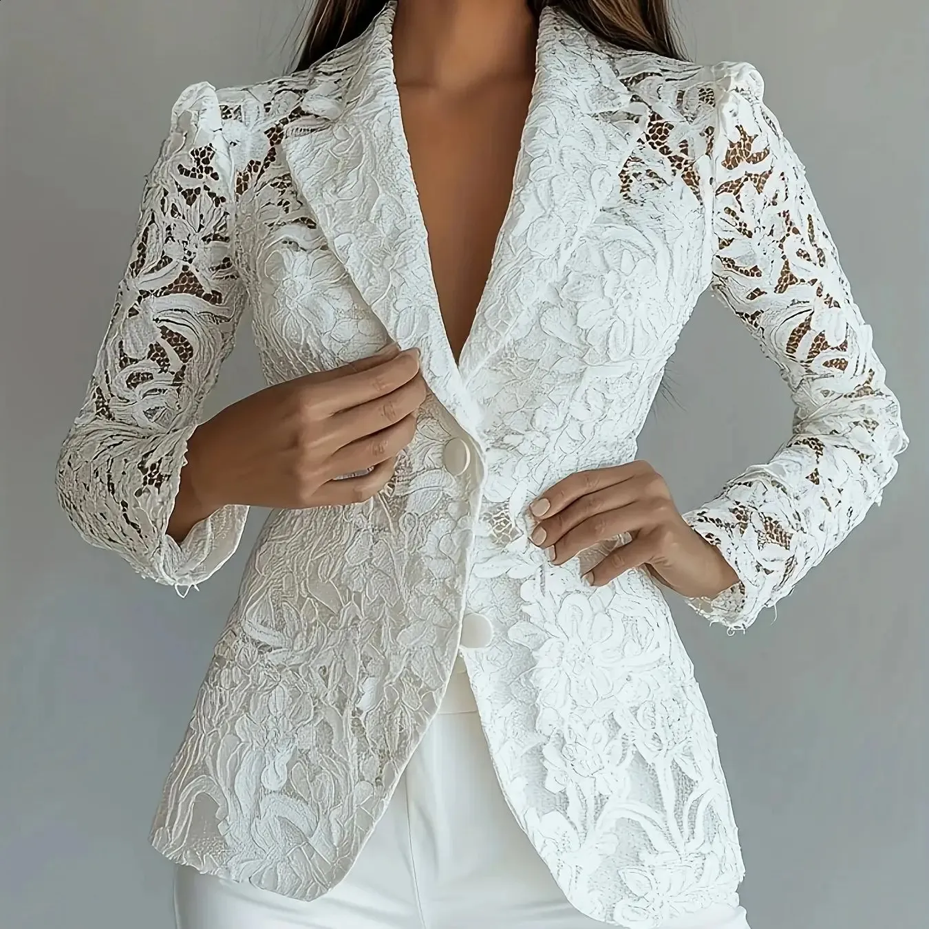 Elegant Lace-Trimmed Women's Single-Breasted Notch Lapel Blazer Jacket ...