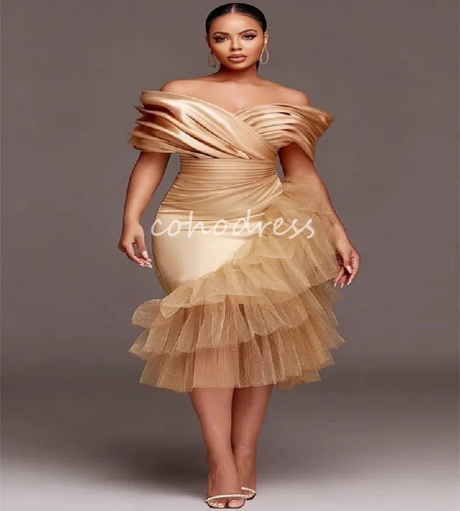 Gold Ruffle Off-Shoulder Satin Midi Evening Dress with Zipper Back for  Girls from Dhgate Evening Dresses - price 130.55