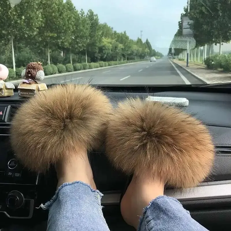 Women's Vegan Faux Fur Slipper Slides – Open Toe Fuzzy Sandals For Indoor/Outdoor, Rose Red Size 9