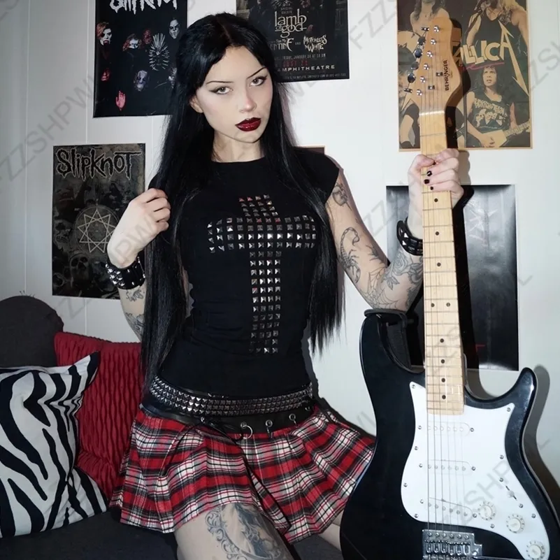 Chic Gothic Punk Rock Hip Hop Women's Short Sleeve sequin t shirt with Metallic Decor - Slim Fit, Casual and Sexy - Y2K Emo Girl Clothes