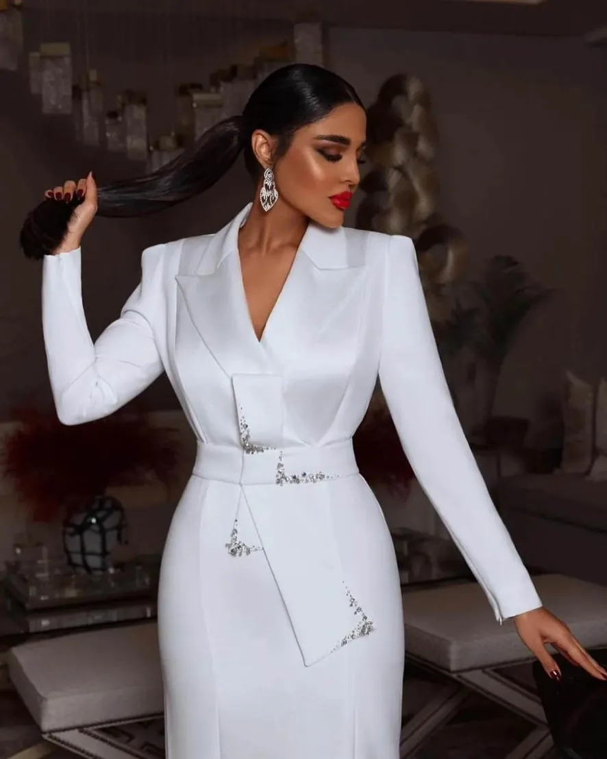 White Women Blazer Dress Plus Size Slim Jacket with Belt Prom Evening Guest Formal Wear Custom Made Satin 1112