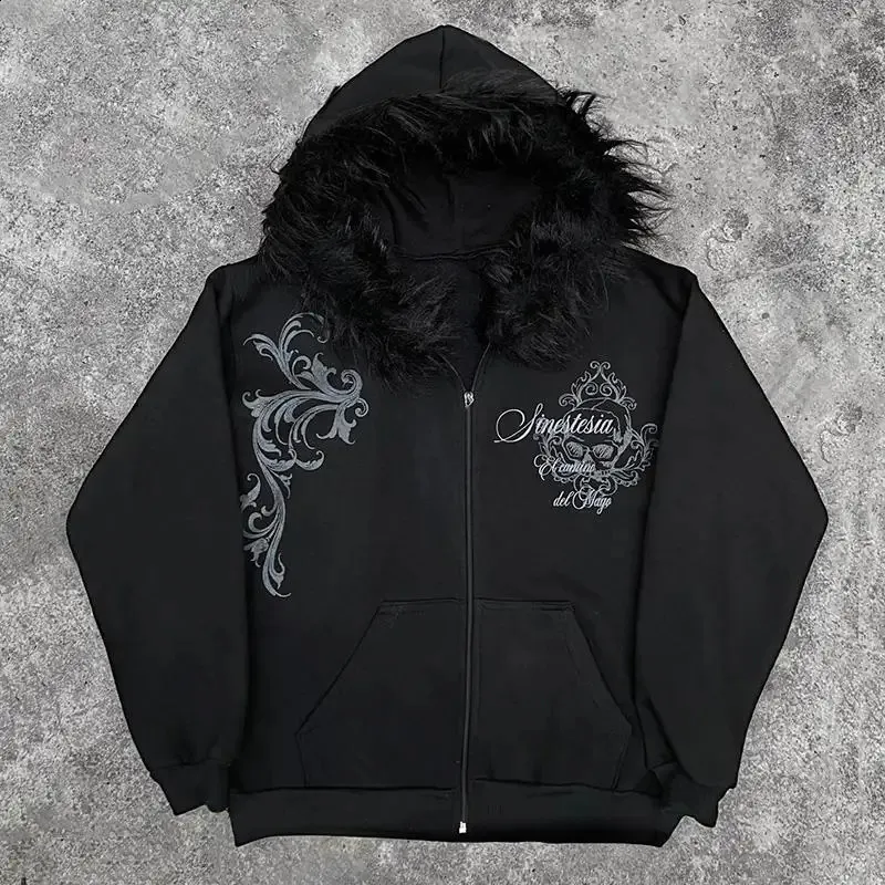 トップス Voluminous Y2K Fur Beaded Jacket Gothic Dark Faux Fur Collar Harajuku Punk Y2K Zip Up Hoodie From 22,2