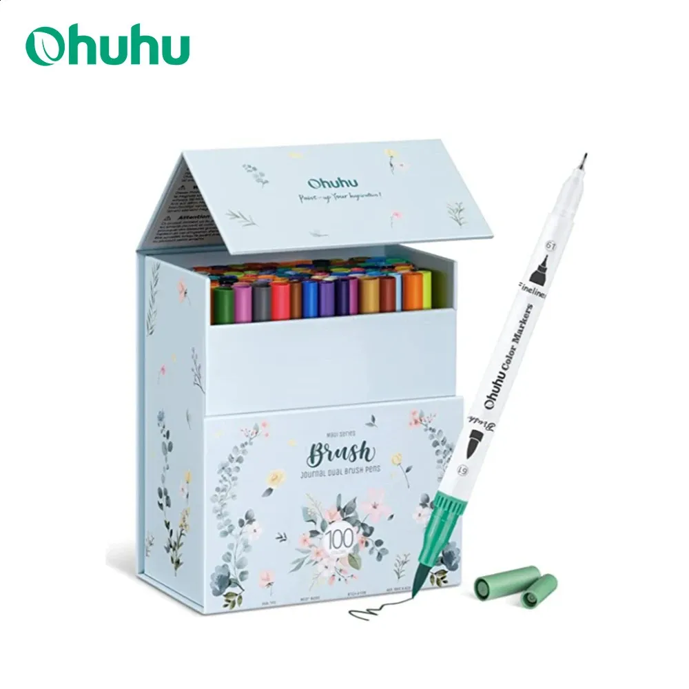 Ohuhu Art Markers Dual Tips Line Marker Set WaterColor Pen Coloring Water Color Brush Fineliner Painting Drawing School Supplies 260730
