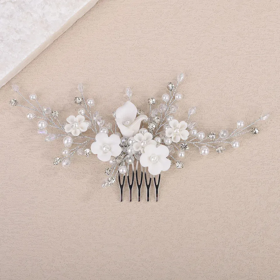Silver Flower Bride Hair Comb Pearl Rhinestone Bridal Side  display picture 3