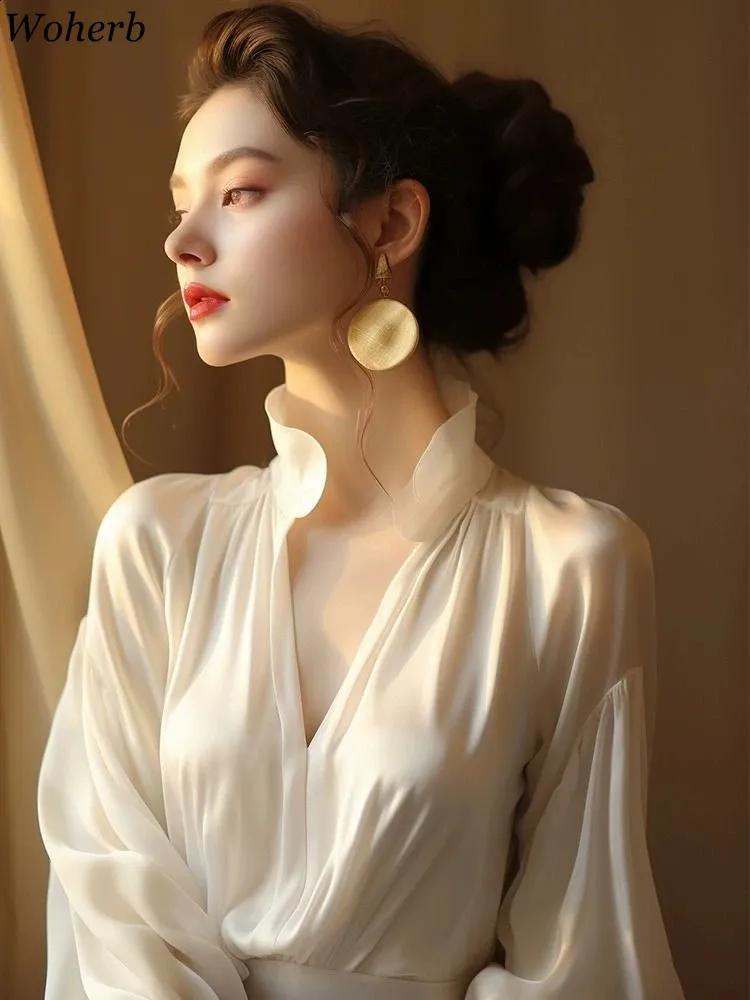 Korean Chic Women s Shirt Stand Neck Lantern Sleeve Blouse Loose Korean Chic Women s Shirt Stand Neck Lantern Sleeve Blouse Loose