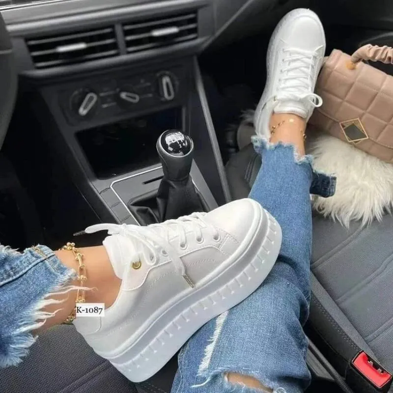 White Casual For Women 2025 New Platform Sneakers Solid Color Ladies Footwear Trend Lightweight PU Vulcanized Shoes_desvips.com