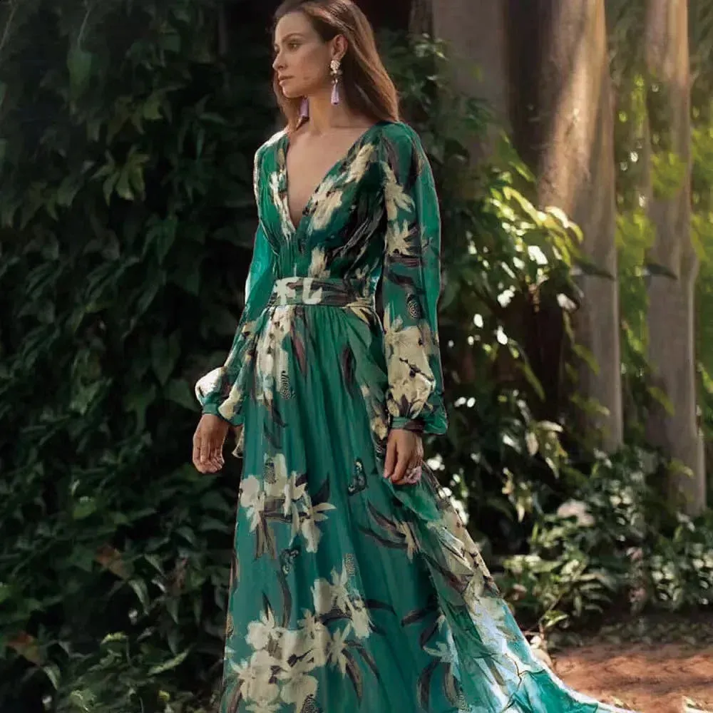 Winter Womens Vneck Long Sleeve Floor-Length Polyester Maxi Dress Empire Waist