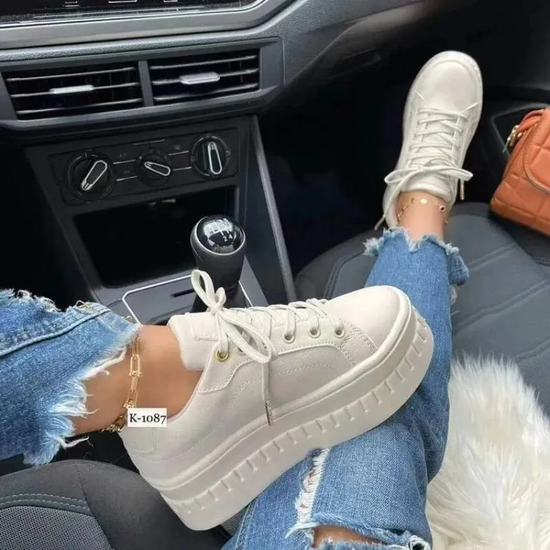 White Casual For Women 2025 New Platform Sneakers Solid Color Ladies Footwear Trend Lightweight PU Vulcanized Shoes_desvips.com