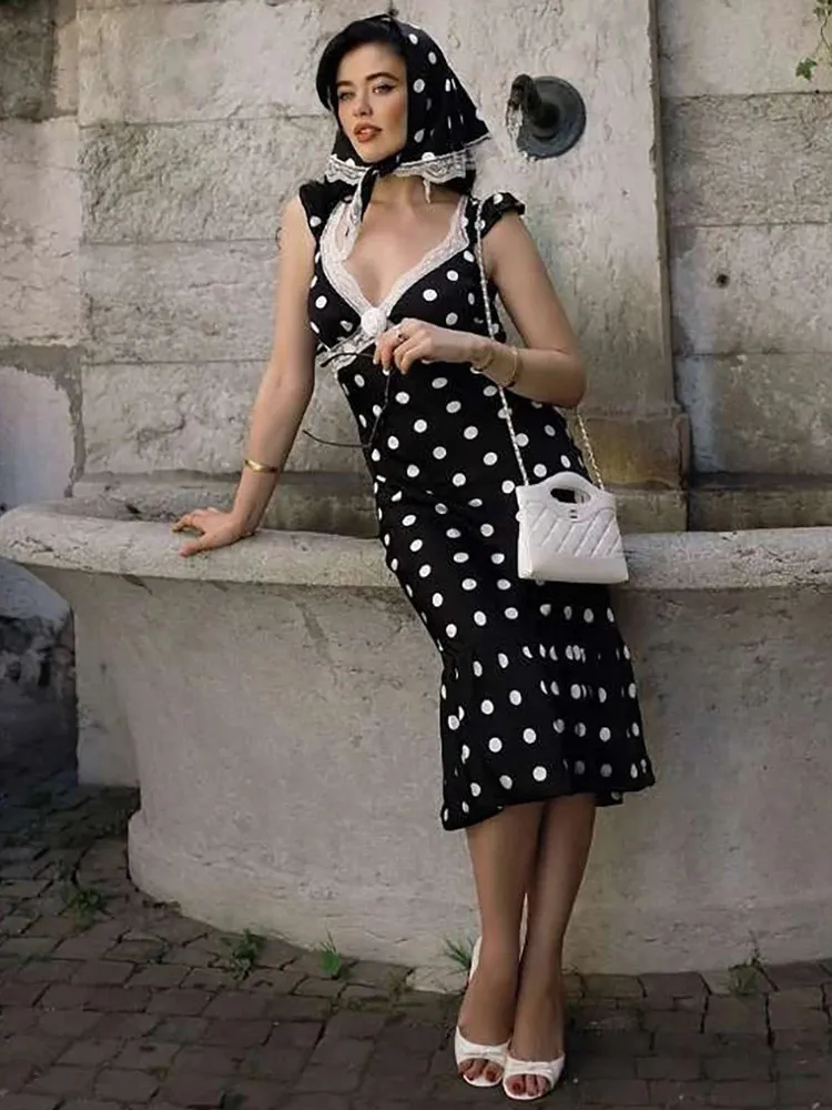 Kliou Womens Classic Point Print Maxi Polka Dot Dress With Lace Trim, Deep  V Neck, Backless Ruffle, And Bodycon Perfect For Street Festivals 250920  From Weigang03, $10.99 | DHgate.Com