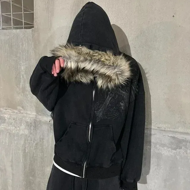 Y2K Street Vintage Skull Print Rhinestone Zip Up From Chao04