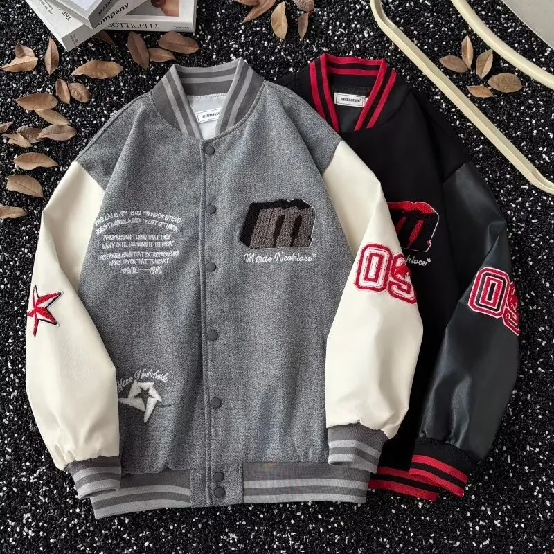 Mens Leather Varsity Jackets Retro Embroidered Hip Hop