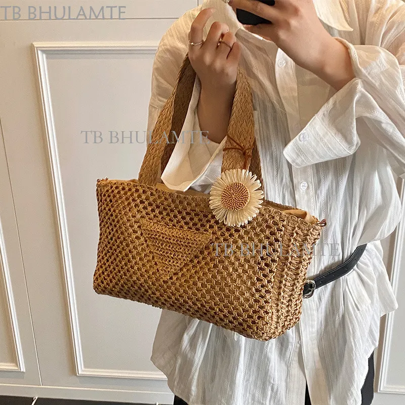Large Straw Beach Tote Bag for Women with Zipper & Hasp Closure ...