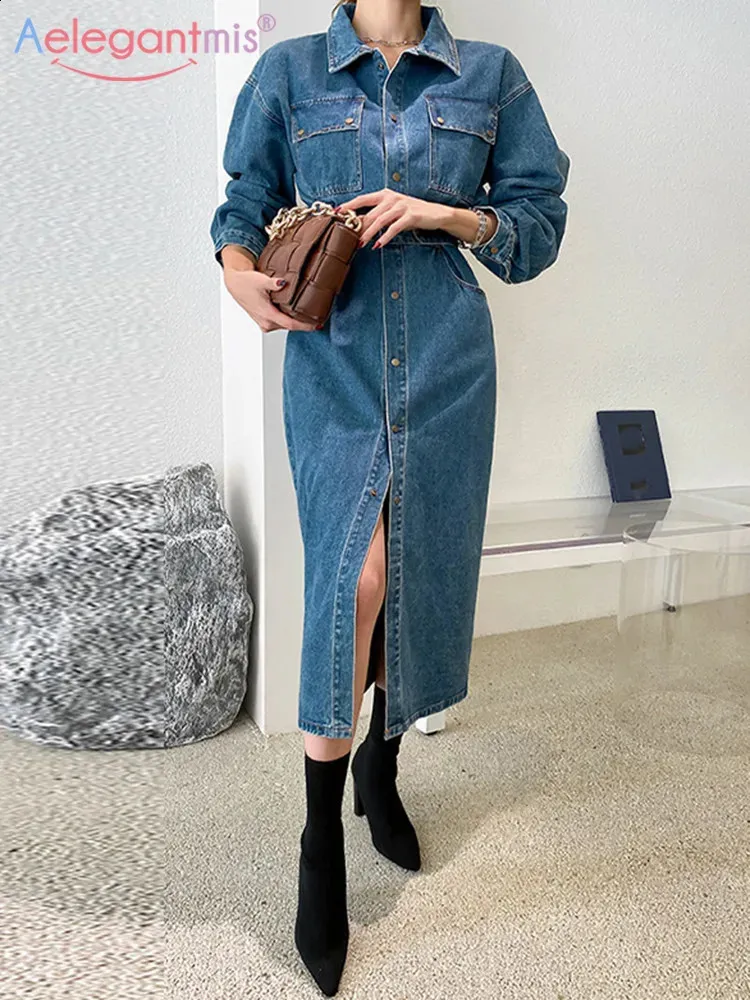 jeans dress women long sleeved slim casual FAWUUDO Denim Dresses for Women Long Sleeve Turndown Collar Button Front Pocket Casual Slim Fit Washed Mini Dress Light Blue