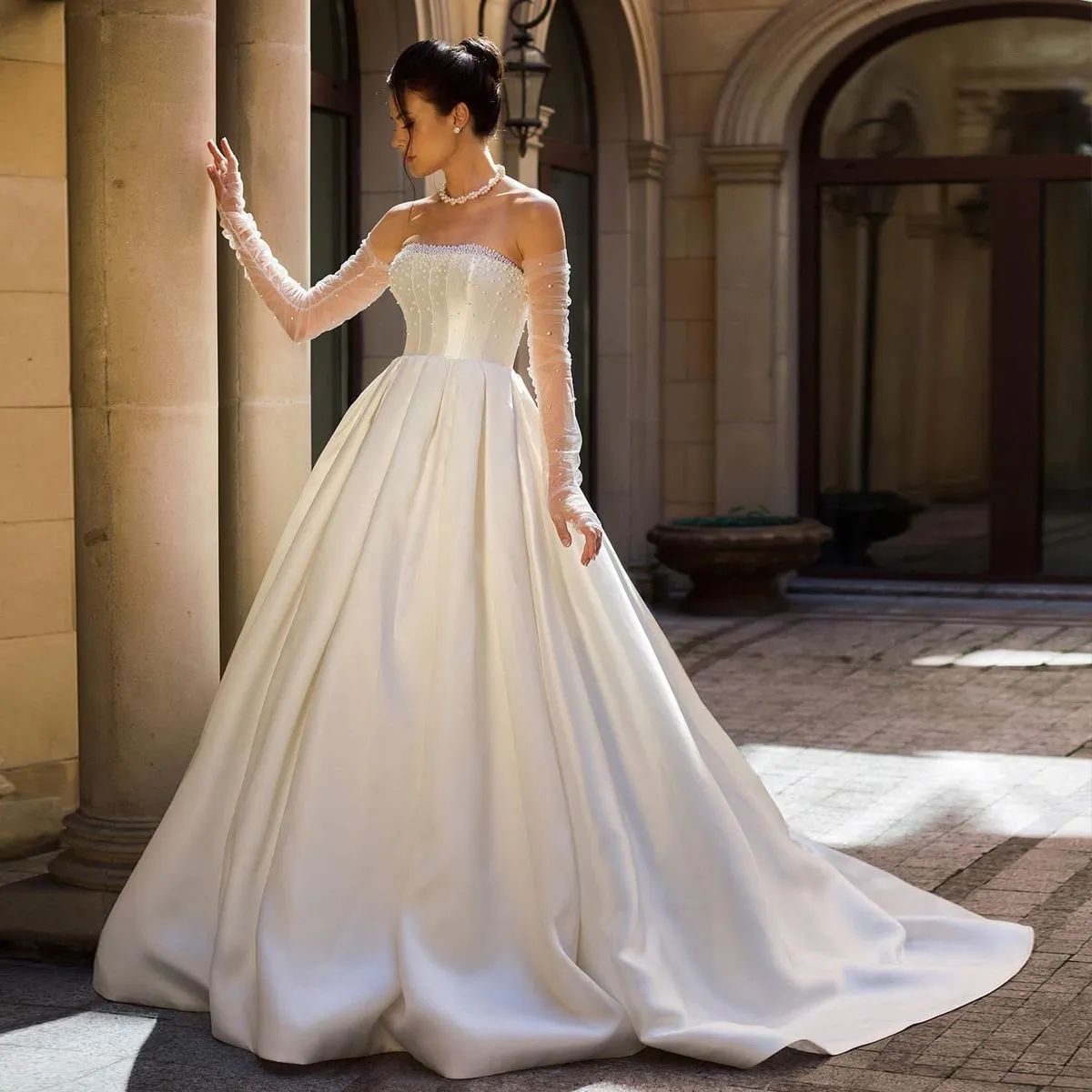 plain white a line wedding dress A-line Chic Strapless Ivory Simple Wedding Dress Bridal Gown QW2110 US12 / White main image 0