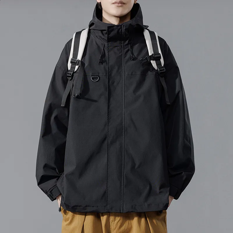 Mens Hooded Denim Jacket, Techwear Black Coat: Japanese