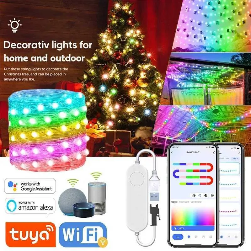 Tuya Rope Led 20M Tuya LED Fairy String Lights, Music Sync, 200 LED WS2812B Copper ...