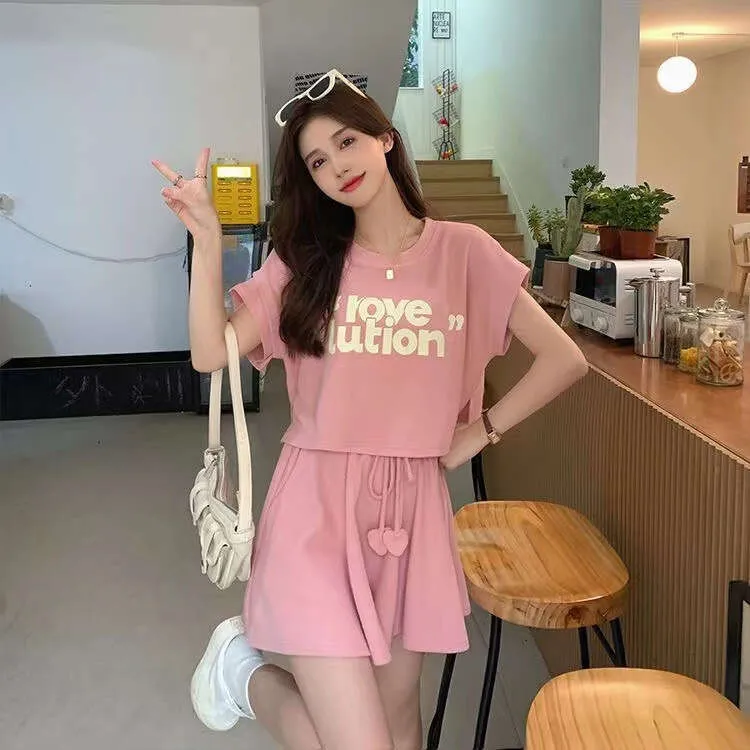 Sweet And Salty Summer 2023 New Casual Sports Style Vest T-Shirt Wide-Leg Shorts Two-Piece Set For Women_voghion.com