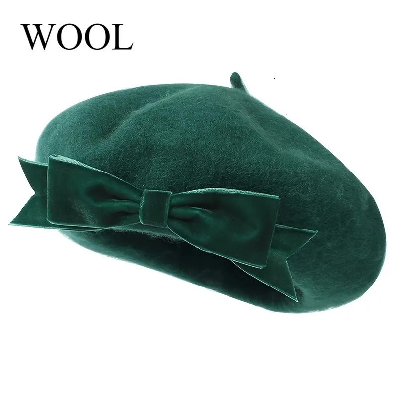 Elegant Dark Green Wool Berets With Large Bow Vintage 