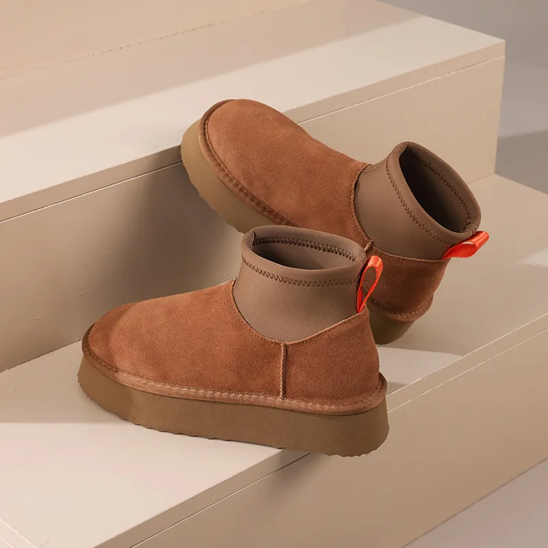 Heißer, versandkostenfreier Versand: Neue, dick besohlte Winterstiefel aus Rindsleder und Wolle für Damen mit Fleece-Futter für warme Füße._voghion.com