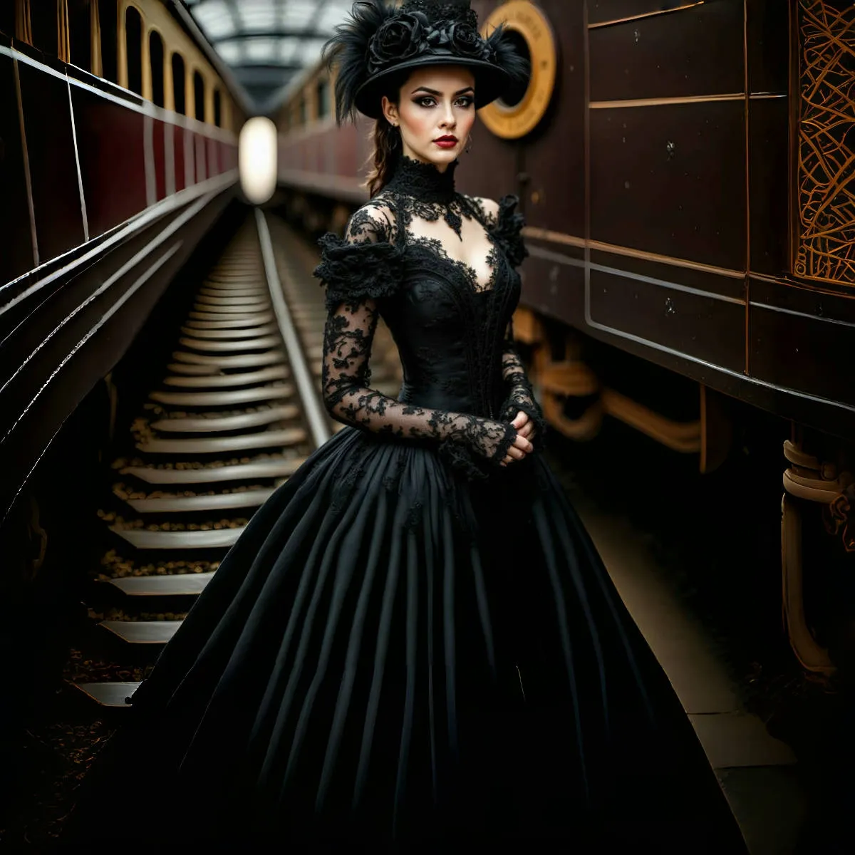Gothic Black Wedding Dress: Long Sleeve, High Collar, Pleated Satin ...