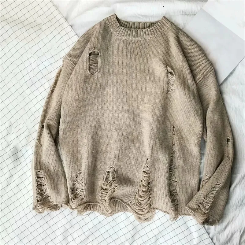 White Ripped Sweater Oversized Couple Ripped Sweater With Ripped O Neck And Solid Color ...